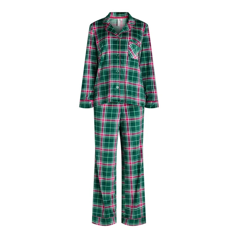 Joyspun Women's Plaid Notch Collar Top and Pants Pajama Set, 2-Piece, Sizes S-3X | Walmart (US)