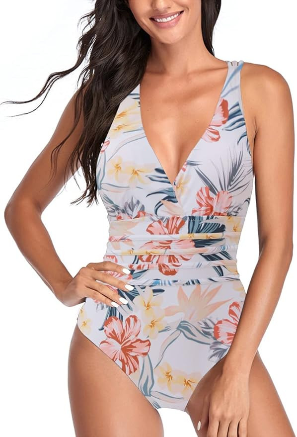 Women's V-Neck One Piece Swimsuit Tummy Control Swimwear Cross Back Bathing Suit | Amazon (US)