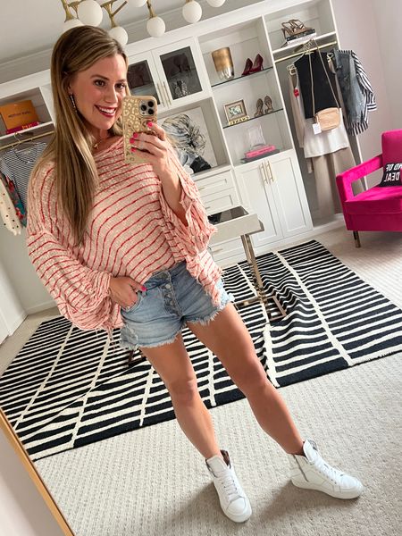 Baseball mom style. These are some of my favorite denim shorts under-$100. Come in several washes. 

Top is old Free People. Similar on linked. 