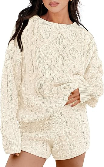 ANRABESS Women 2 Piece Outfits Sweater Lounge Loungewear Sets 2025 Fall Cable Knit Oversized Swea... | Amazon (US)