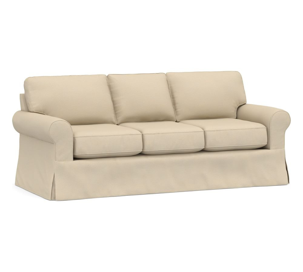 Buchanan Roll Arm Slipcovered Sofa 87", Polyester Wrapped Cushions, Park Weave Oatmeal | Pottery Barn (US)