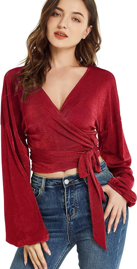 LYANER Women's V Neck Self Tie Knot Bishop Long Sleeve Wrap Crop Blouse T-Shirt Top | Amazon (US)