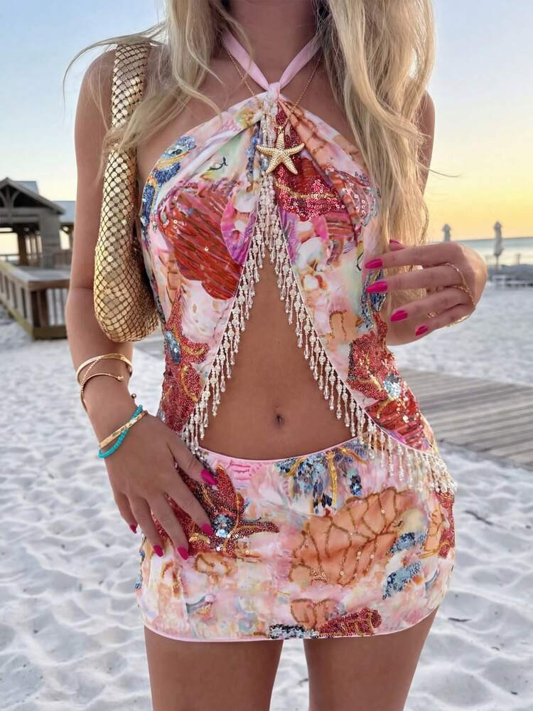 SHEIN BAE Women's Casual Vacation Sequin Floral Shiny Glamorous Halter Backless Mini Dress, Suitable For Casual Vacation, Beach Vacation, Gathering With Friends, Weekend Leisure, Casual Outing, Beach Party, Pool Party, Music Festival, Music Festival Outfit, Music Festival Dress, Party Dress, Birthday Party Dress,Summer Dresses For Women Resort Style Outfits Beach Party Outfit For Women | SHEIN