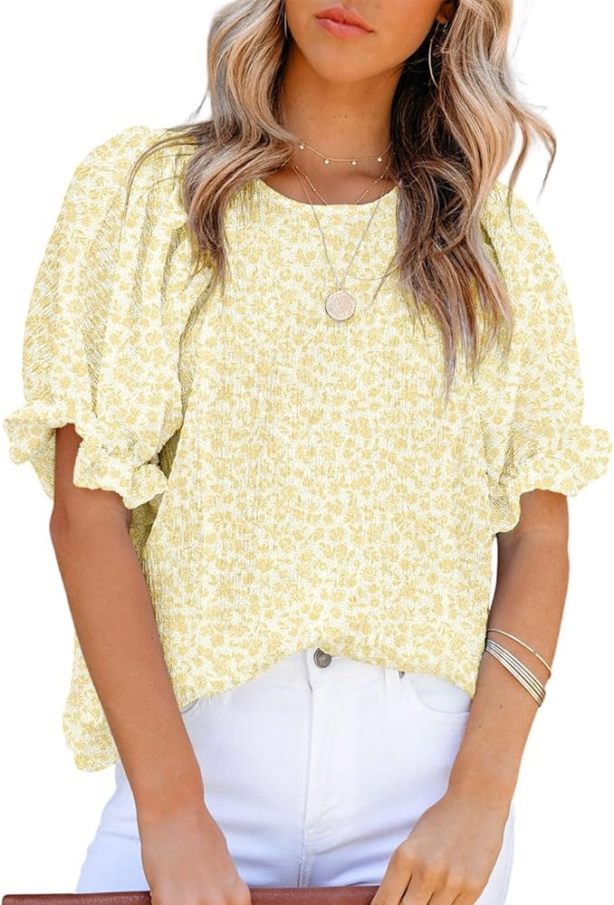 Dokotoo Floral Print Blouses for Women Crewneck Smocked Puff Sleeve Shirts Casual Babydoll Tops | Amazon (US)