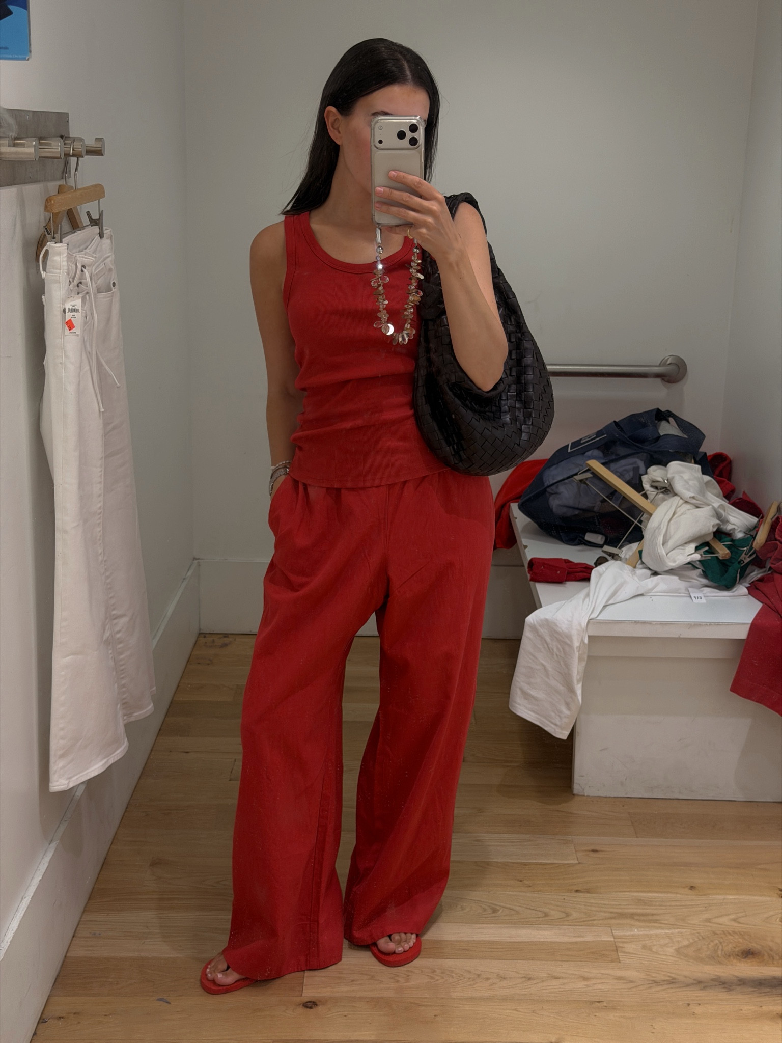 Red linen pants wearing size small, red tank top wearing size medium 