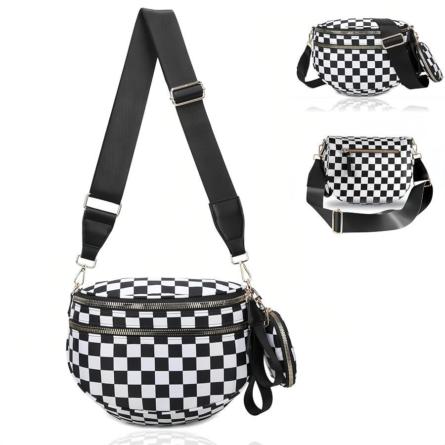 Checkered Crossbody Bum Bags for Women, Nylon Sling Bags with Shoulder Strap, Large Capacity Chec... | Amazon (US)