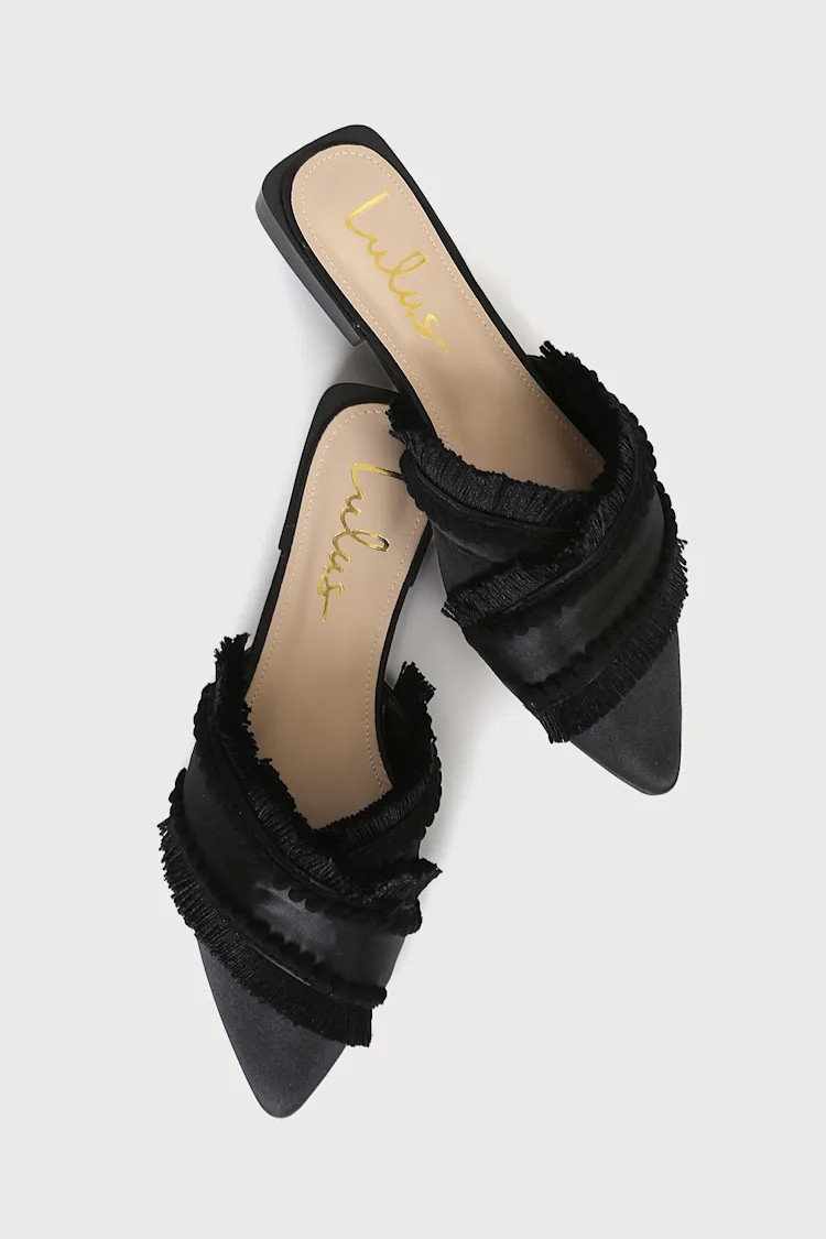 Leryn Black Satin Fringe Pointed-Toe Mule Slides | Lulus (US)