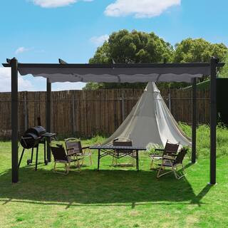 13 ft. W x 10 ft. D Aluminum Pergola Outdoor with Dark Gray Retractable Canopy | The Home Depot