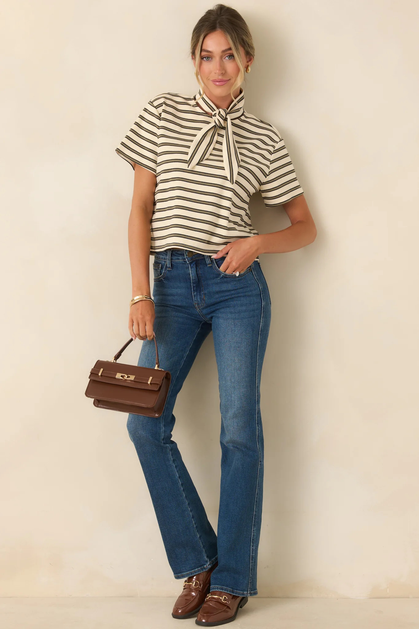 Easy Company Olive & Ivory Striped Cotton Tee | Red Dress