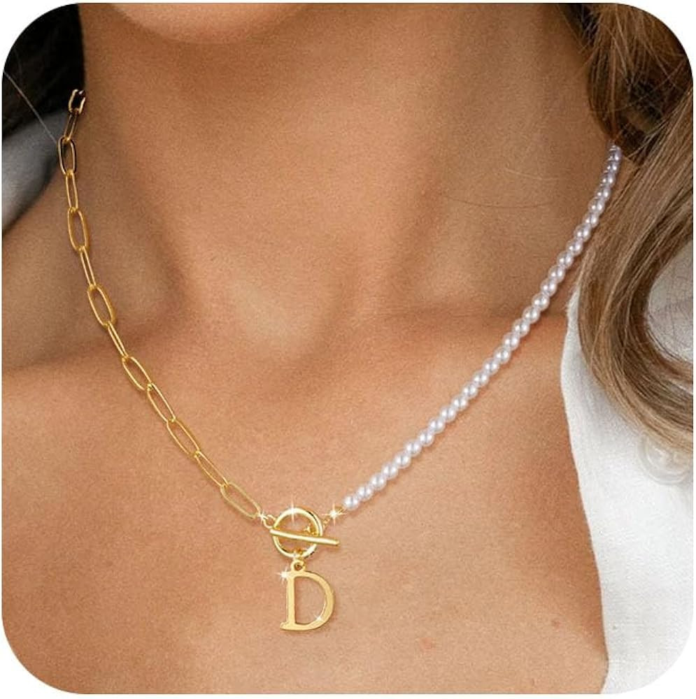 Tasiso Pearl Toggle Initial Necklaces for Women - Handmade Pearl Choker Necklace Paperclip Initia... | Amazon (US)