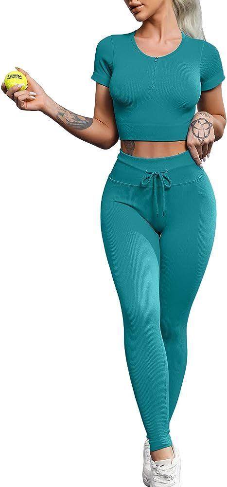 Meyeeka Women's 2 Piece Ribbed Seamless Workout Sets Short Sleeve Crop Top Drawstring Yoga Outfit... | Amazon (US)