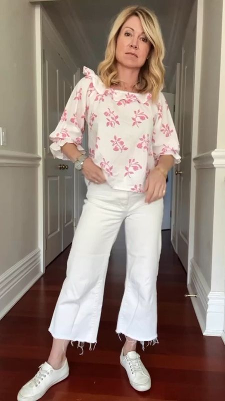 Easy spring break outfit: white denim + floral cotton top 