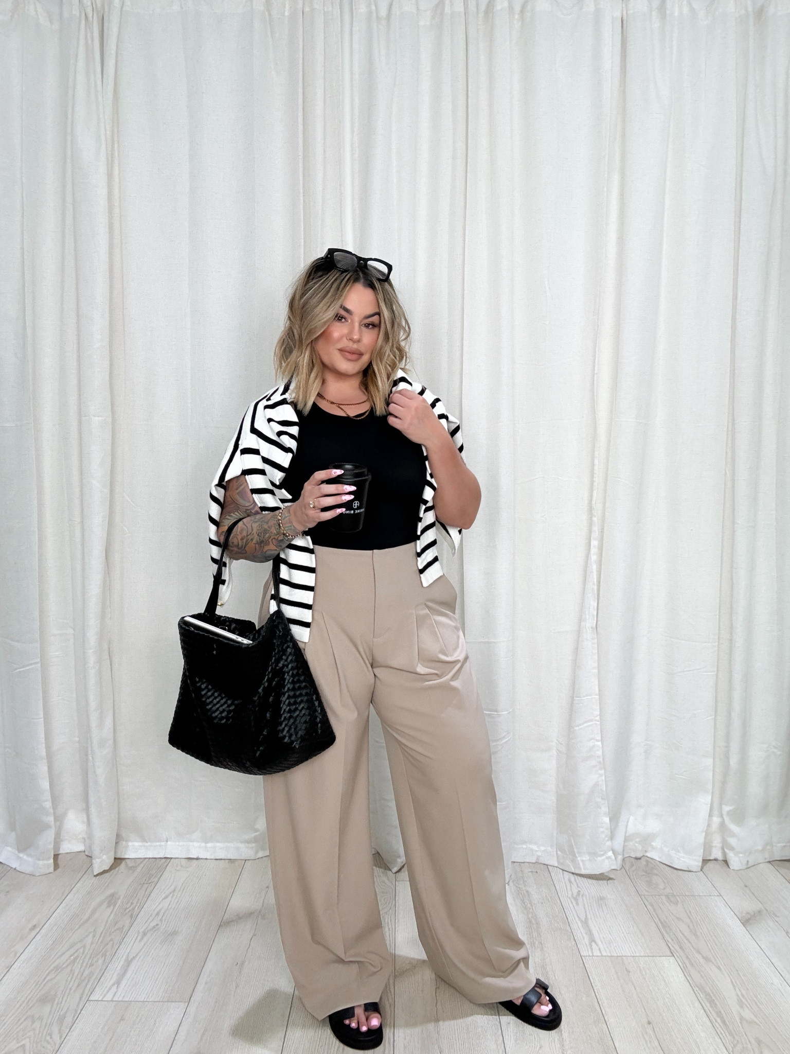 Sweater L 
Pants 32long I’m 5’5 I can do a flat or a heel with these. 
Bodysuit L no bra required it’s compressive linked the nip covers I use tho. 
Use code shayna10 on necklace to save $ I double stacked the necklace in 2 lengths . 
Linked similar sandals that are way more affordable than mine that give the save look. 
Glasses linked are reading glasses not blue light. 

#Midsize #BusinessCasual #Workwear #Abercrombie #Bodysuit #Sweater #AmazonFashion #Amazon #aerie 

#LTKfindsunder50 #LTKsalealert #LTKmidsize