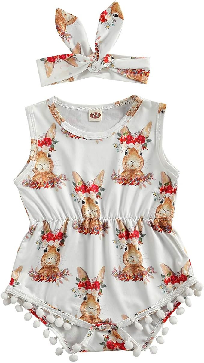 Toddler Newborn Baby Girl Easter Outfits Bunny Print Floral Romper with Headband Summer One-Piece... | Amazon (US)