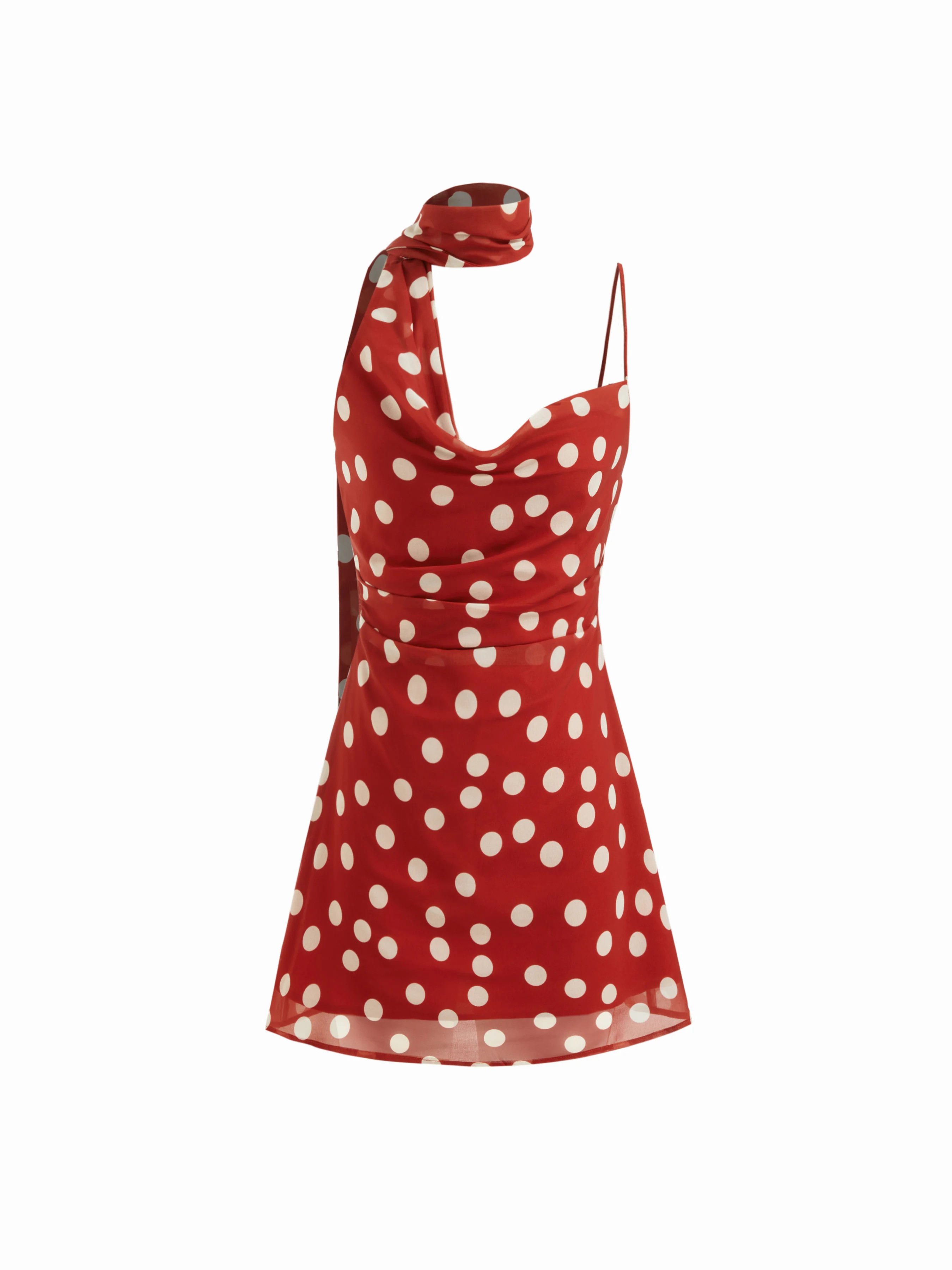 Chiffon Cowl Neck Polka Dot Ruched Mini Cami Dress With Scarf | Cider