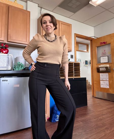 The office look today is featuring EXPRESS. And their site has 40% off on EVERYTHING TODAY 
High waisted trouser pants to look slimmer. 
Puffed shoulders crop sweater to accentuate the waist. My sweater is sold out, but this similar one looks even more flattering.

#LTKworkwear #LTKfindsunder50 #LTKsalealert