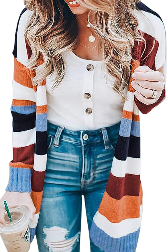 ECOWISH Womens Cardigan Color Block Striped Draped Kimono Cardigans Long Sleeve Open Front Casual... | Amazon (US)