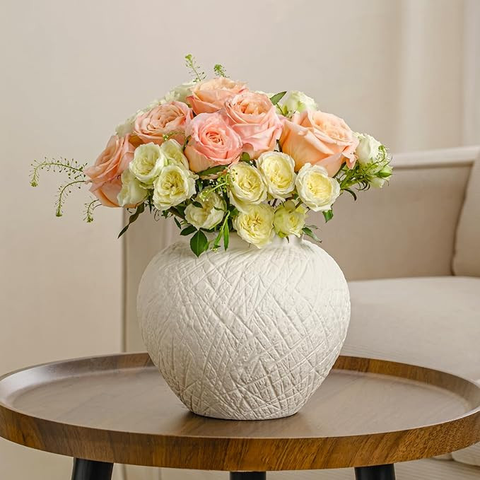 Round Ceramic Flower Vase, 7.5 Inch Rustic Vase Decorative Textured Vases for Home Decor, Unique ... | Amazon (US)
