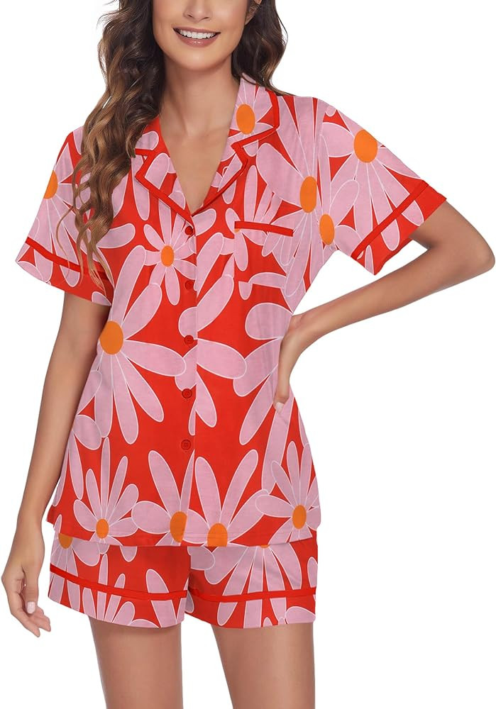 Ekouaer Women's Pajama Sets 2 Piece Short Sleeve Button Down Tops and Pants Pj Set V Neck Sleepwe... | Amazon (US)