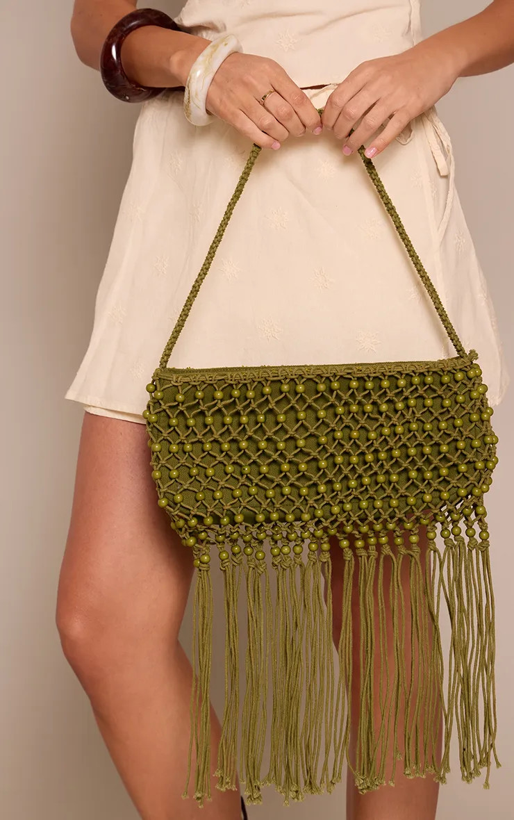 Khaki Beaded Fringe Shoulder Bag | PrettyLittleThing USA | PrettyLittleThing US