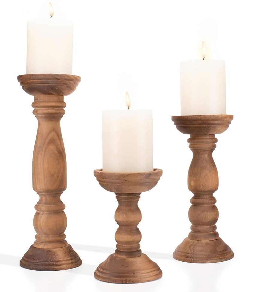 Farmhouse Wooden Candle Holders for Pillar Candles Set of 3, Rustic Wood Candle Holder Table Cent... | Amazon (US)