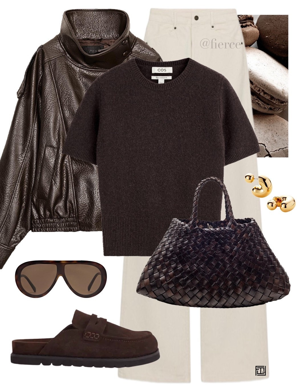 Brown leather jacket chocolate suede backless loafers cream jeans short sleeve jumper oversized sunglasses woven bag casual outfit 

#LTKspring #LTKuk #LTKeurope