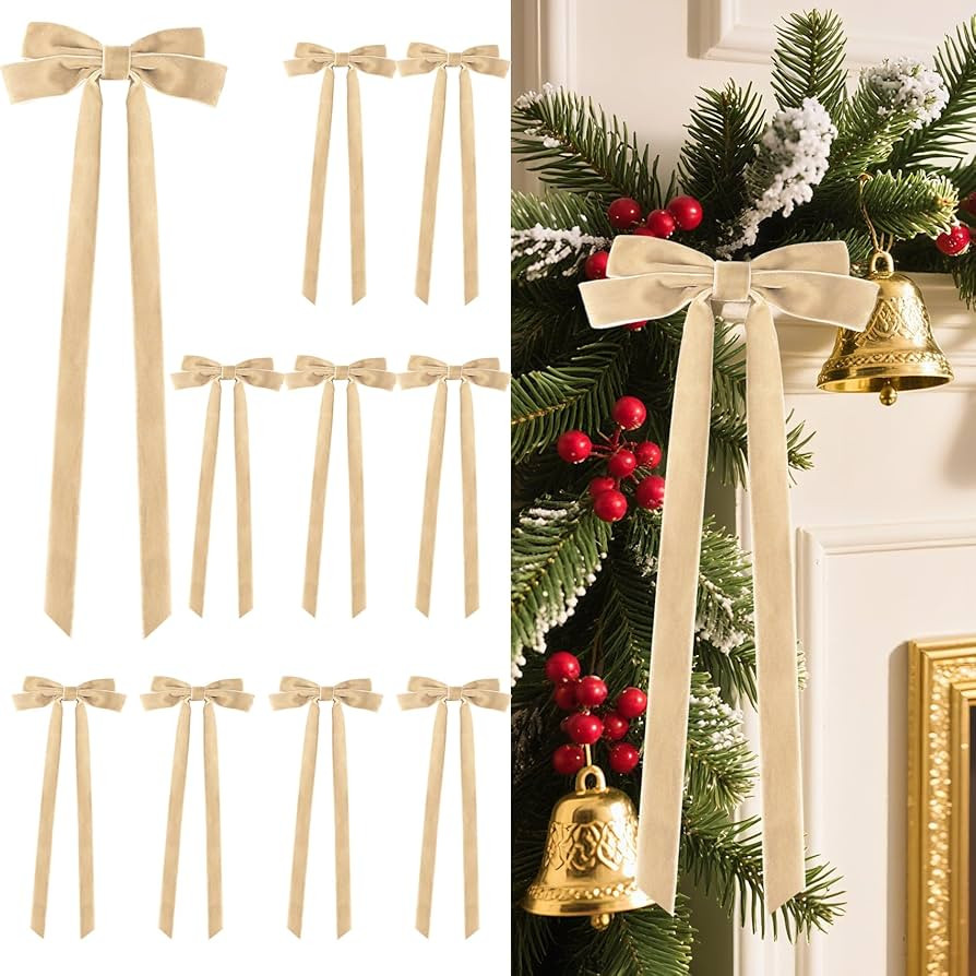 Senjie 10Pcs Large Velvet Christmas Tree Bows, 20in x 8in Premade Vintage Ribbon Tree Topper Bows... | Amazon (US)