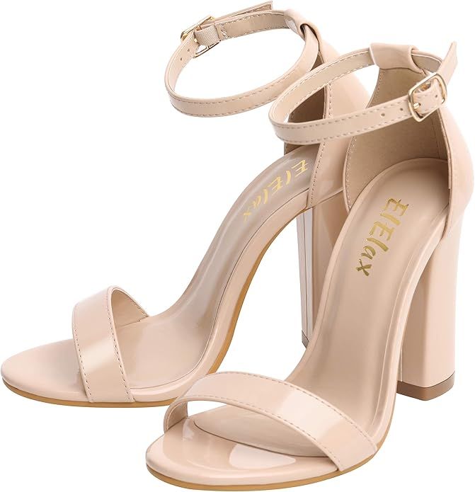 ElElax Women's 4 Inch Nude Single Band Classic Chunky Block High Heel Sandals with Ankle Strap | Amazon (US)