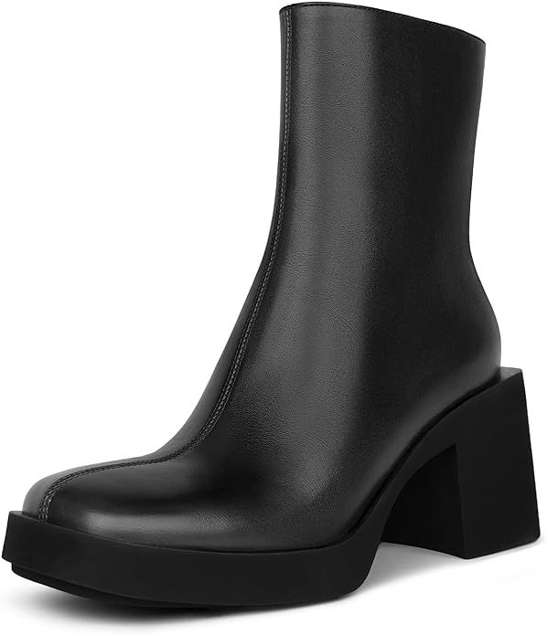 ISNOM Platform Boots for Women, with Square Toe, Chunky Heel and Side Zipper Design | Amazon (US)