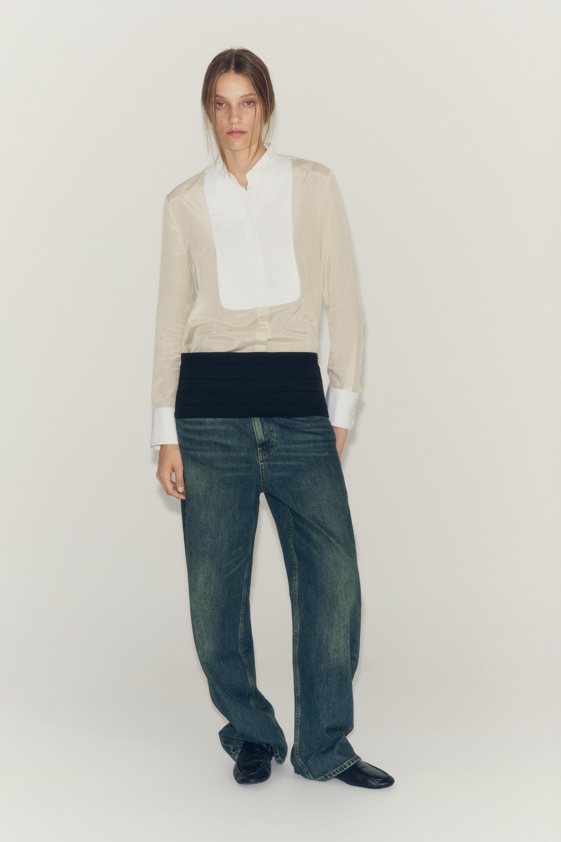 Zara - Zw Collection Contrast Bib Shirt - Beige / Green - Xs - Woman | Zara US