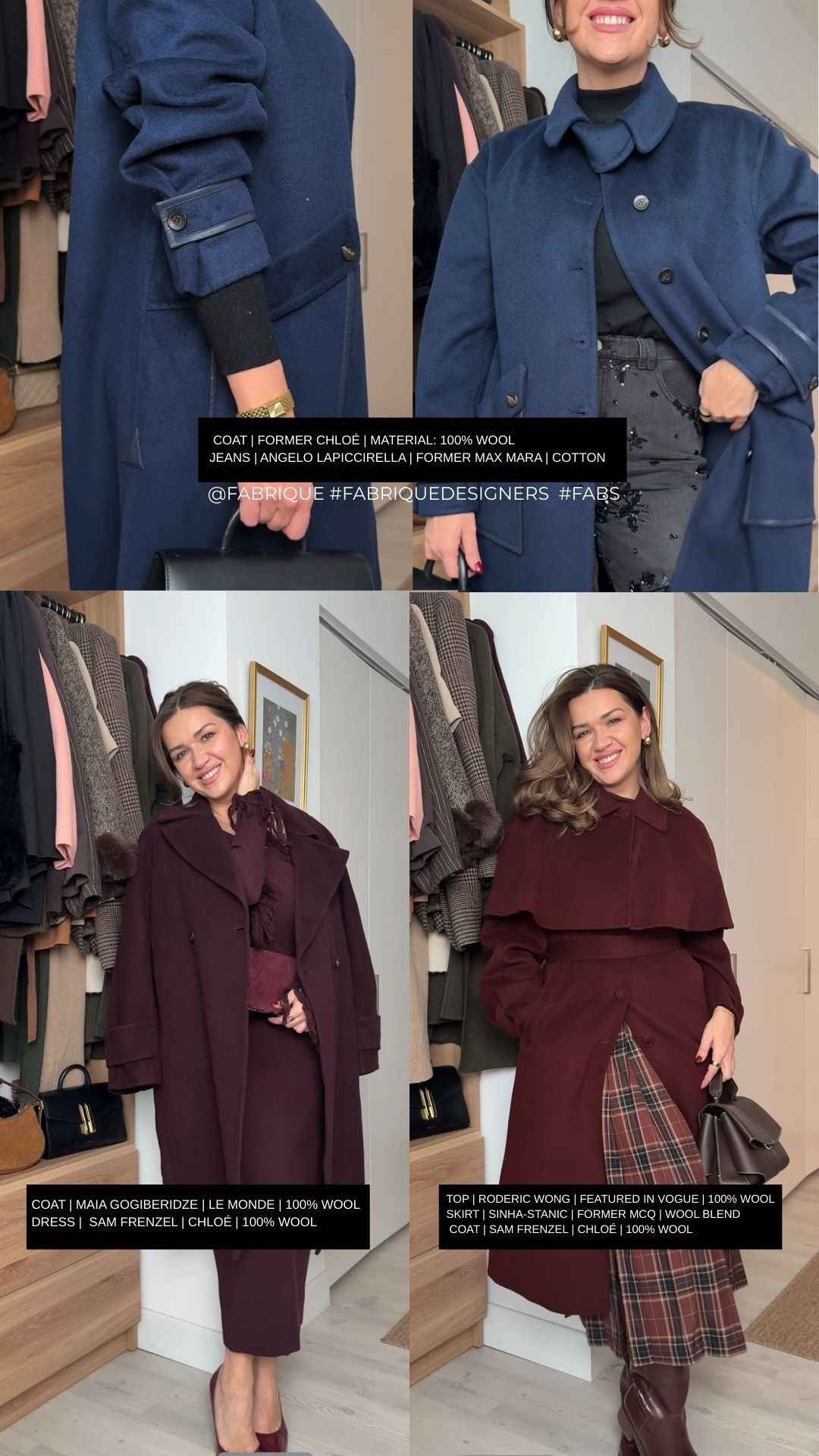 These are my three fail safe “outfit genres” every single autumn winter 🪵🖤🧦☕️ | AD

Comment “links” and I’ll DM you all of these gorgeous pieces. The price point is higher for these, as they are mid-tier designer. They also kindly gave us a discount code! “myDani” for 15% off for new users and “Dani10” for 10% off to existing users 🥰

1. Dark Academia 2. Monochrome 3. Cute jeans & a top

But this time around, I got to style up pieces from @fabrique.official - which is a real treat because I don’t usually have access to designers at this level ✨

They collaborate with over 350 global designers, so if you’re looking for designer pieces without the designer prices, have a little browse on their website 🙌🏻  you can also comment “links” and I’ll send you these looks 🦉✉️

The pieces you see here were carefully designed by former Chloé, Max Mara and McQ designers - eeeeeek! 

Details:
🥀 LOOK 1
•Wool Top | Roderic Wong | Featured in VOGUE | 100% Wool
• Kilt Skirt | Sinha-Stanic | Former McQ | Wool blend
• Burgundy Coat | Sam Frenzel | Chloé | 100% Wool

🍷LOOK 2
Plum Coat | Maia Gogiberidze | Le Monde | 100% Wool
Plum Dress |  Sam Frenzel | Chloé | 100% Wool

🖤 LOOK 3 
• Blue Coat | Former Chloé | Material: 100% Wool 
•Hand-beaded Jeans | Angelo Lapiccirella | Former Max Mara | Cotton

 #Fabrique #Fabriquedesigners  #fabs
