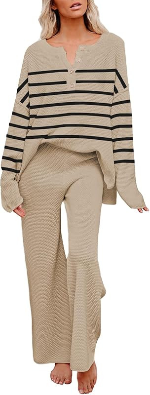 Women's Casual Two Piece Outfits - Henley Button V Neck Loose Fit Fall Winter with Long Sleeve Pa... | Amazon (US)