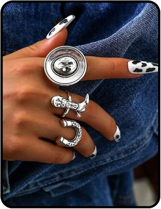 Vintage Rings For Women, 3Pcs Silver Western Boho Stackable Horseshoe Cowboy Hat Boots Ring Size ... | Amazon (US)