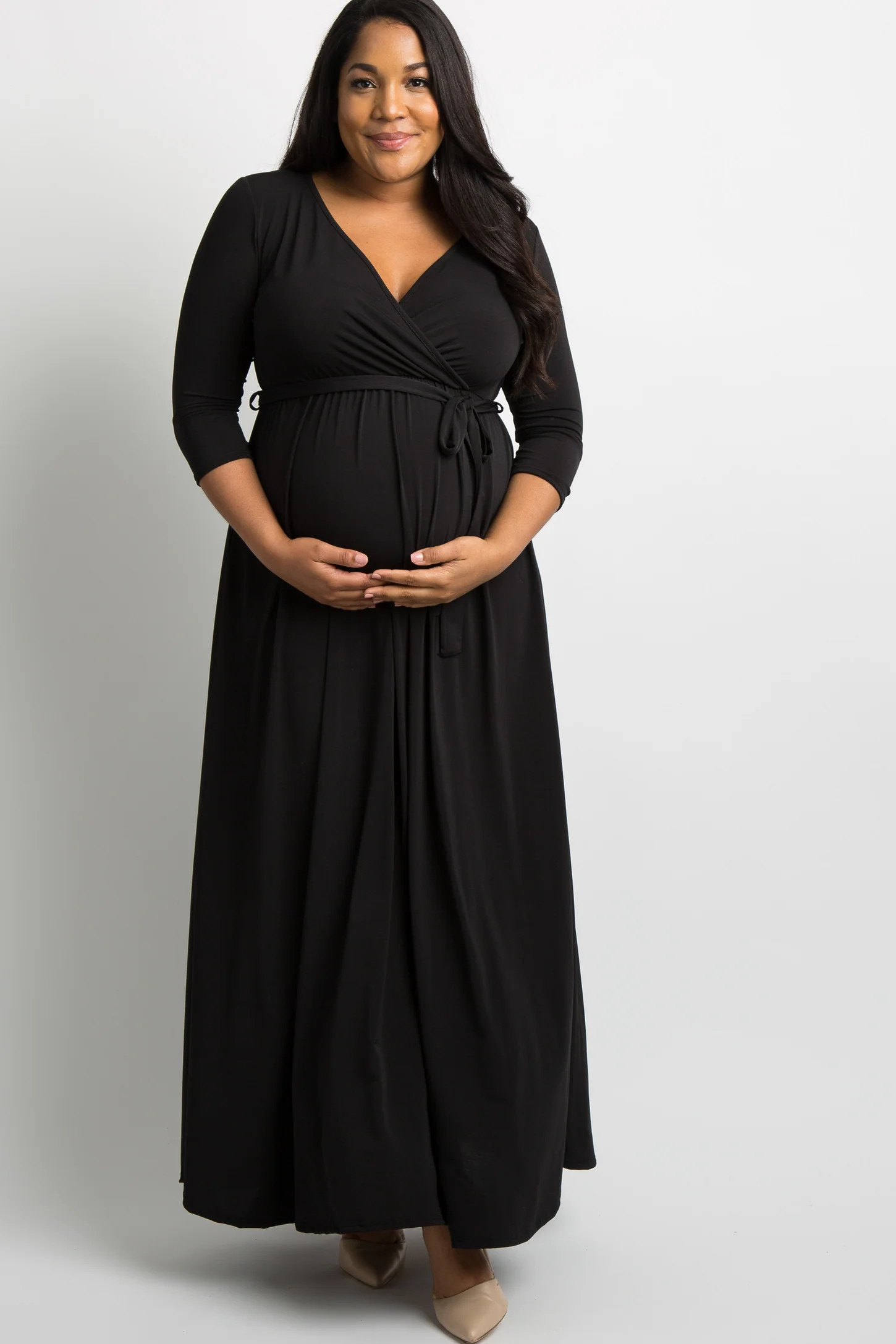PinkBlush Black Sash Tie Wrap Plus Maternity Maxi Dress | PinkBlush Maternity
