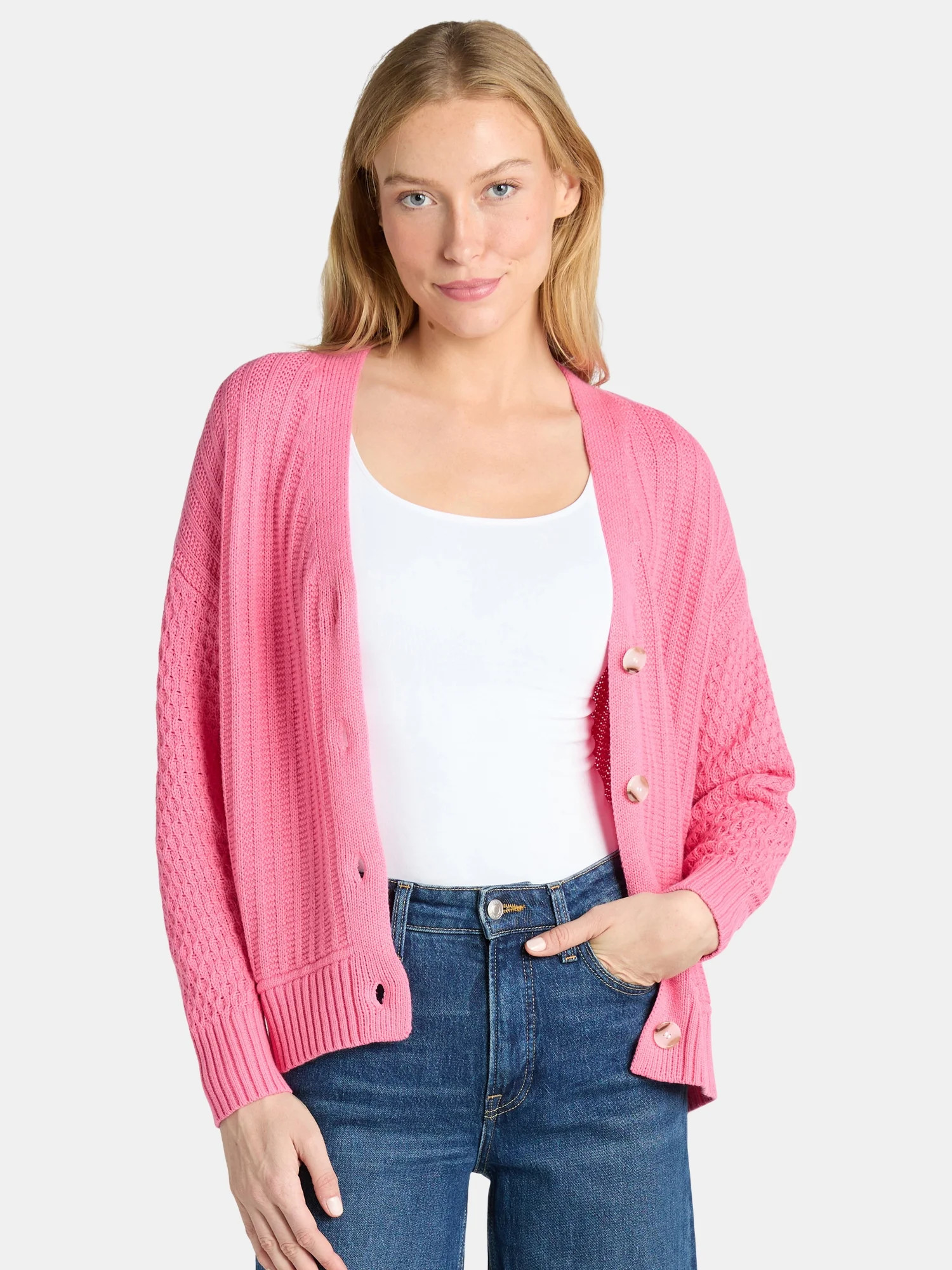 Time and Tru Women’s Mixed Stitch Cardigan Sweater, Midweight, Sizes XS-XXXL - Walmart.com | Walmart (US)