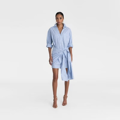 KBB by KAHLANA Women's Long Sleeve 'The Tie Waist Shirtdress' - Light Blue Striped XL | Target