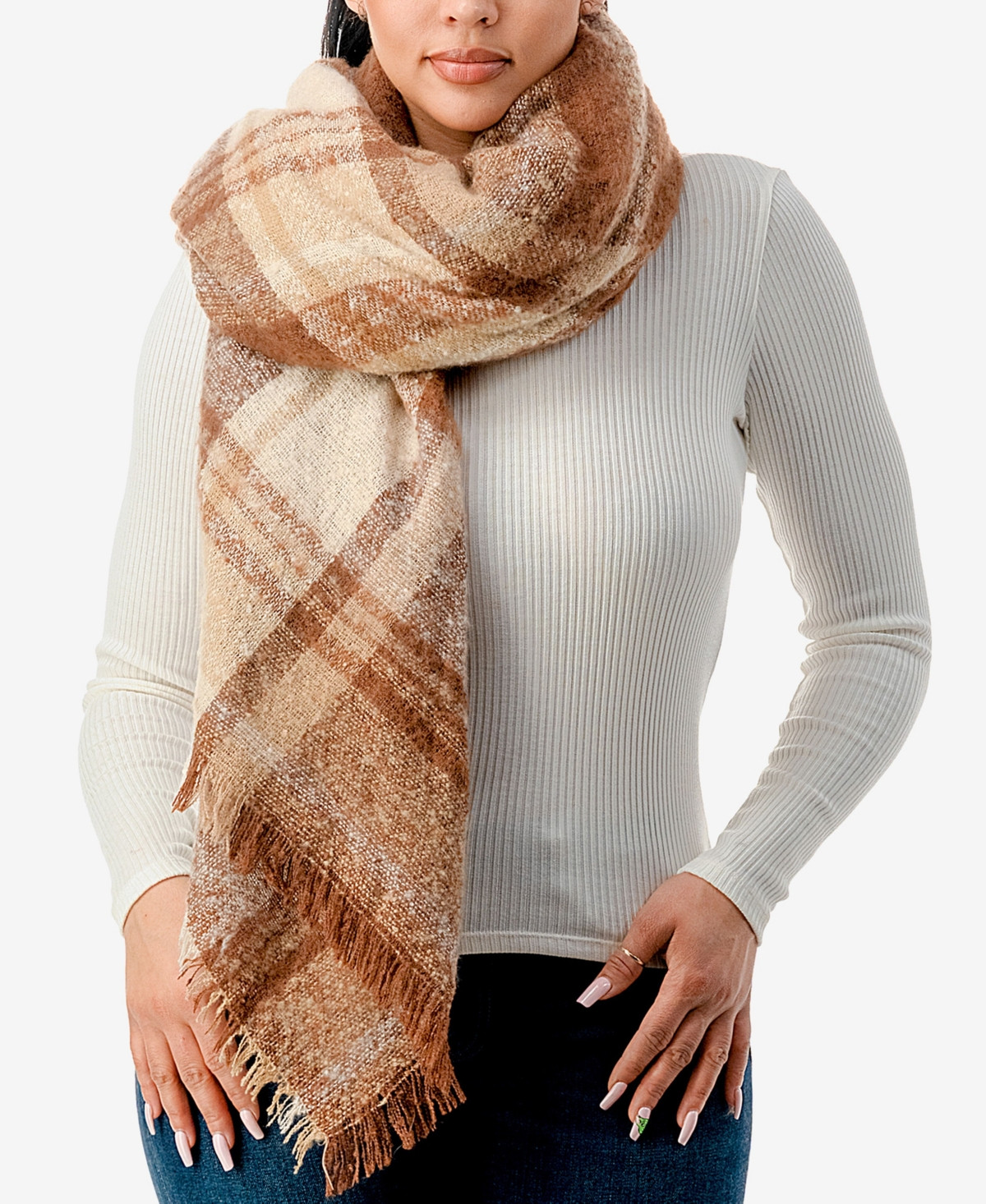 Marcus Adler Women's Cozy Plaid Fringe-Trim Blanket Scarf - Brown | Macy's