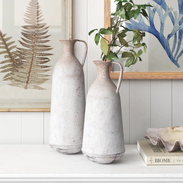 2 Piece Randel Distressed Off White / Distressed Tan Metal Table Vase Set | Wayfair North America