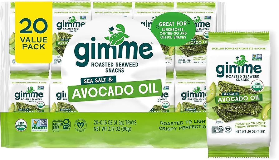 Gimme Seaweed Organic Premium Roasted Seaweed Snacks, Sea Salt & Avocado Oil, 20 Count, Keto, Veg... | Amazon (US)