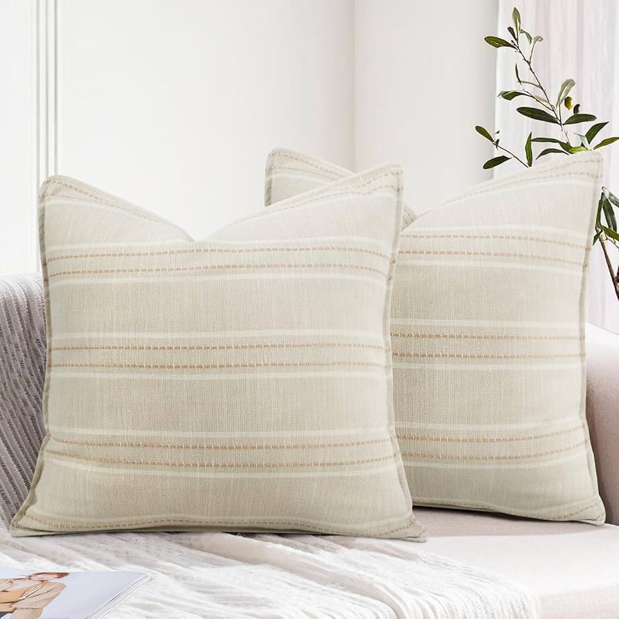 18X18 Decorative Farmhouse Linen Throw Pillow Covers, Boho Textured Pillow Case Set of 2 ,Beige w... | Amazon (US)