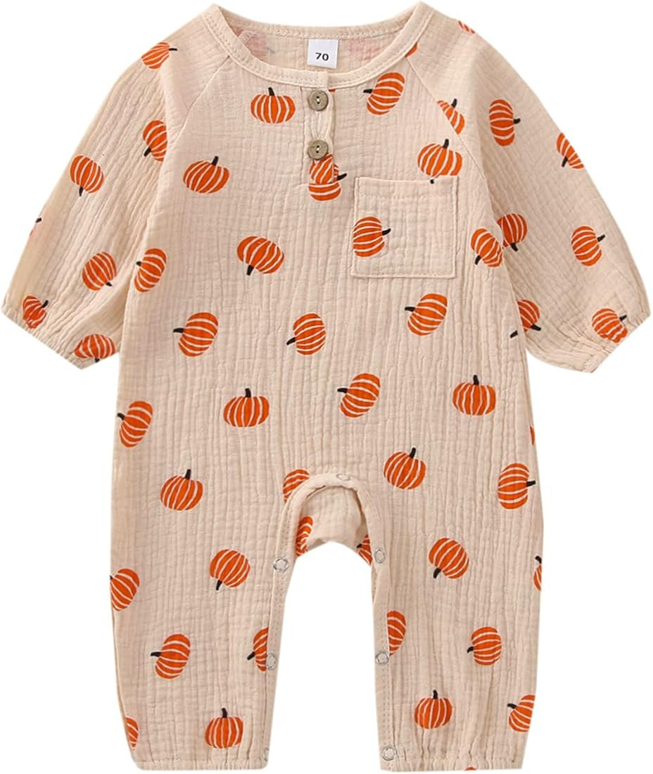 Newborn Baby Boys Girls Halloween Romper Pumpkin Print Long Sleeve Cotton Linen Bodysuit One-Piece J | Amazon (US)