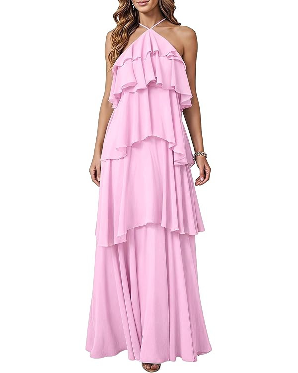 SOLY HUX Women's Wedding Guest Dress Sundresses Ruffle Layered Halter Backless Flowy Formal Maxi ... | Amazon (US)
