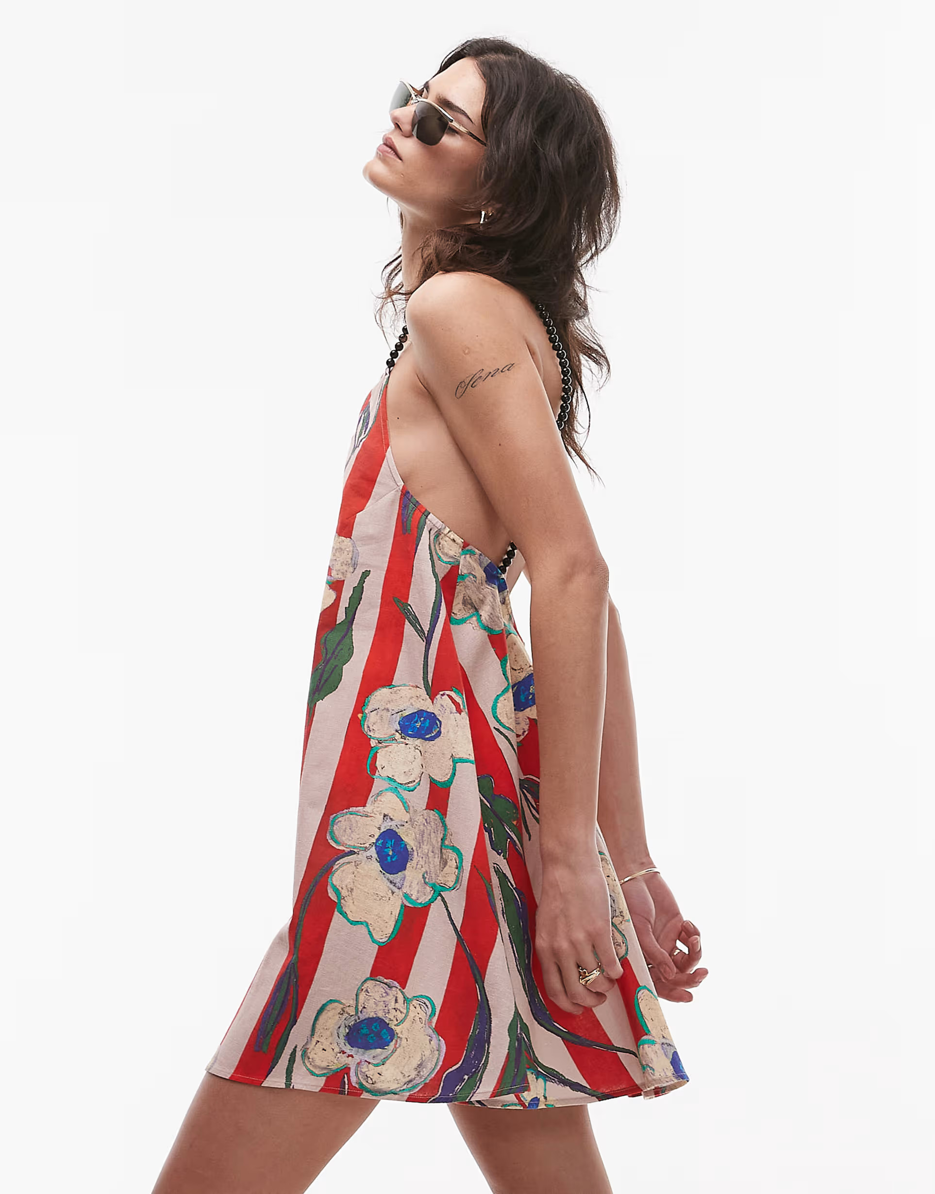 Topshop beaded strap printed flippy mini dress in red and floral stripe | ASOS (Global)