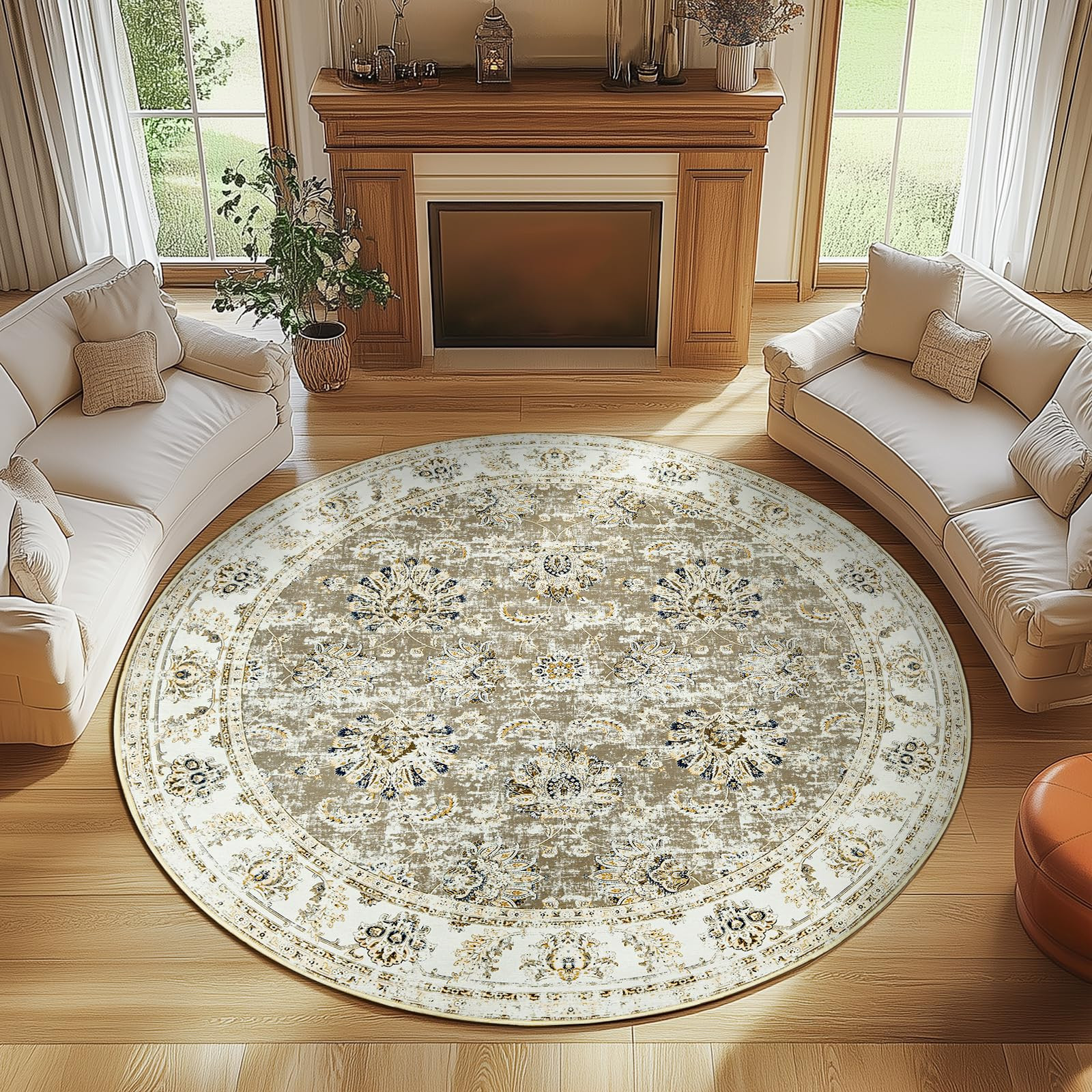 jinchan Round Rug 7ft Area Rugs - Vintage Floral Distressed Design Machine Washable Non-Slip Low-... | Amazon (US)