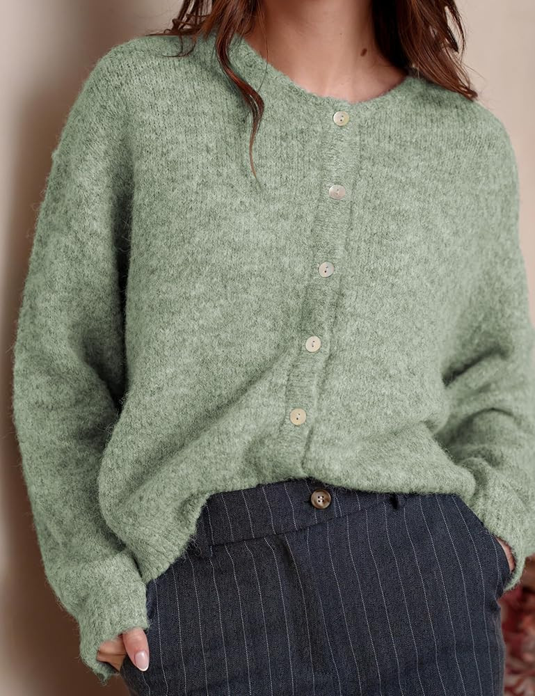 Women's Round Neck Button Down Long Sleeve Blouse Cardigan Loose Fit Knit Top Crewneck Sweater | Amazon (US)