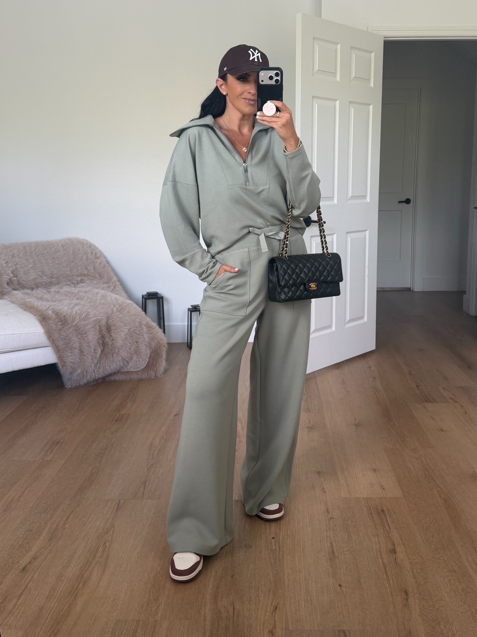 SPANX AirEssentials® French Rib Half Zip wearing size small. SPANX AirEssentials® French Rib Wide Leg Pant wearing size medium.