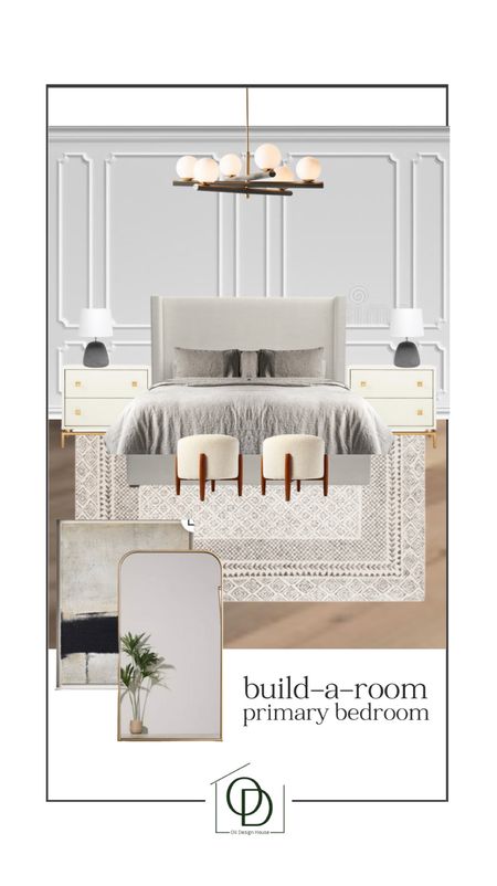 IG build-a-room primary bedroom design board with tall white upholstered king bed, grey linen duvet cover, white Sherpa stools with wood legs, neutral rug, white and gold extra large nightstands with drawers, cement lamps, textured wall art and gold arch floor mirror. 

Follow on IG to play build a room every week in stories! 

#LTKhome #LTKsalealert #LTKfamily