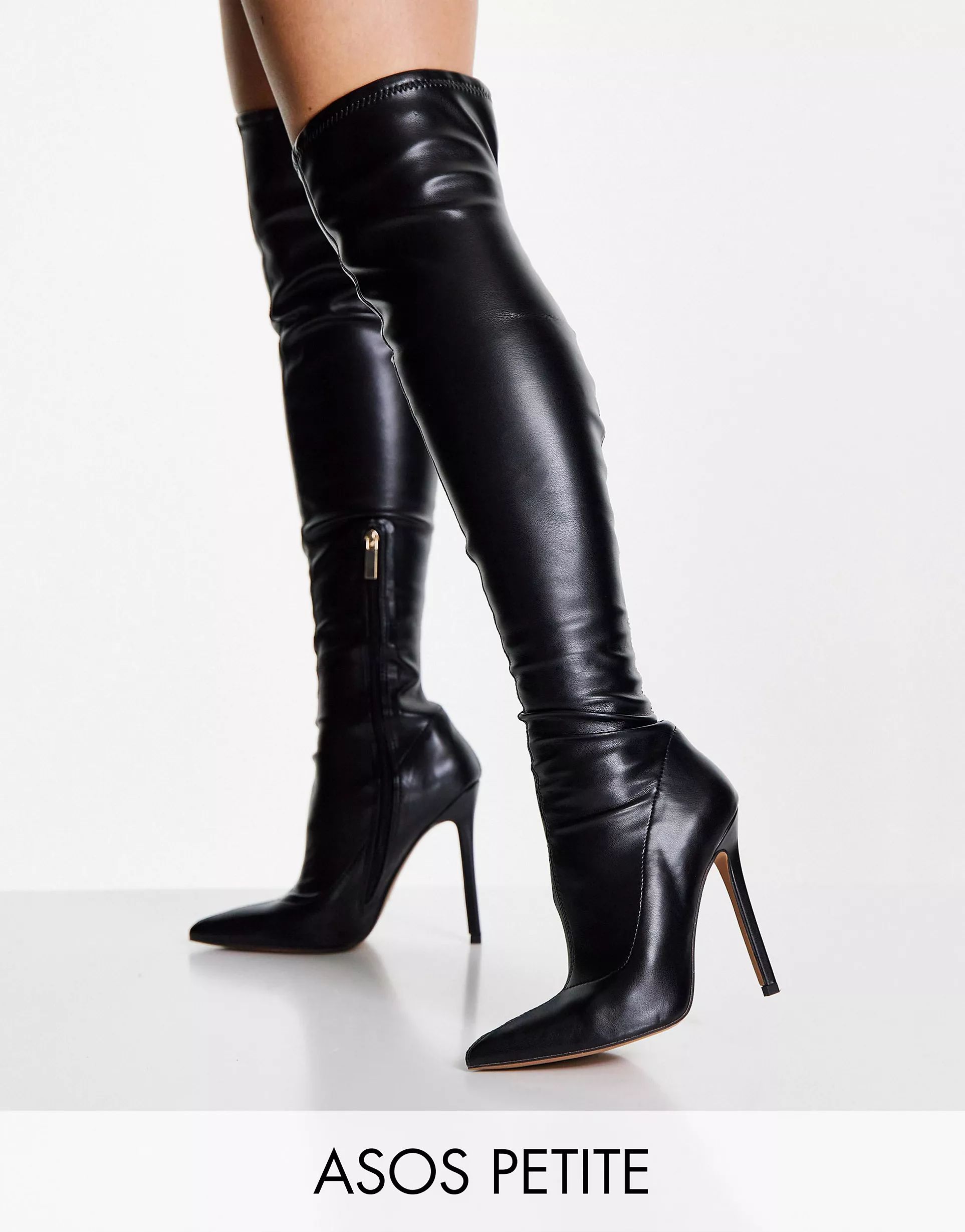 ASOS DESIGN Petite Koko heeled over the knee boots in black | ASOS (Global)