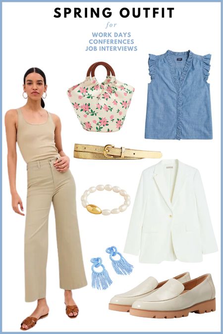 Spring outfit, summer outfit 2023 // work outfit, casual work outfit, smart casual. Wide pants, sleeveless top, white blazer, floral bag, gold belt, pearl bracelet, beaded earrings, women’s loafers, women’s workwear

#LTKstyletip #LTKworkwear #LTKunder100