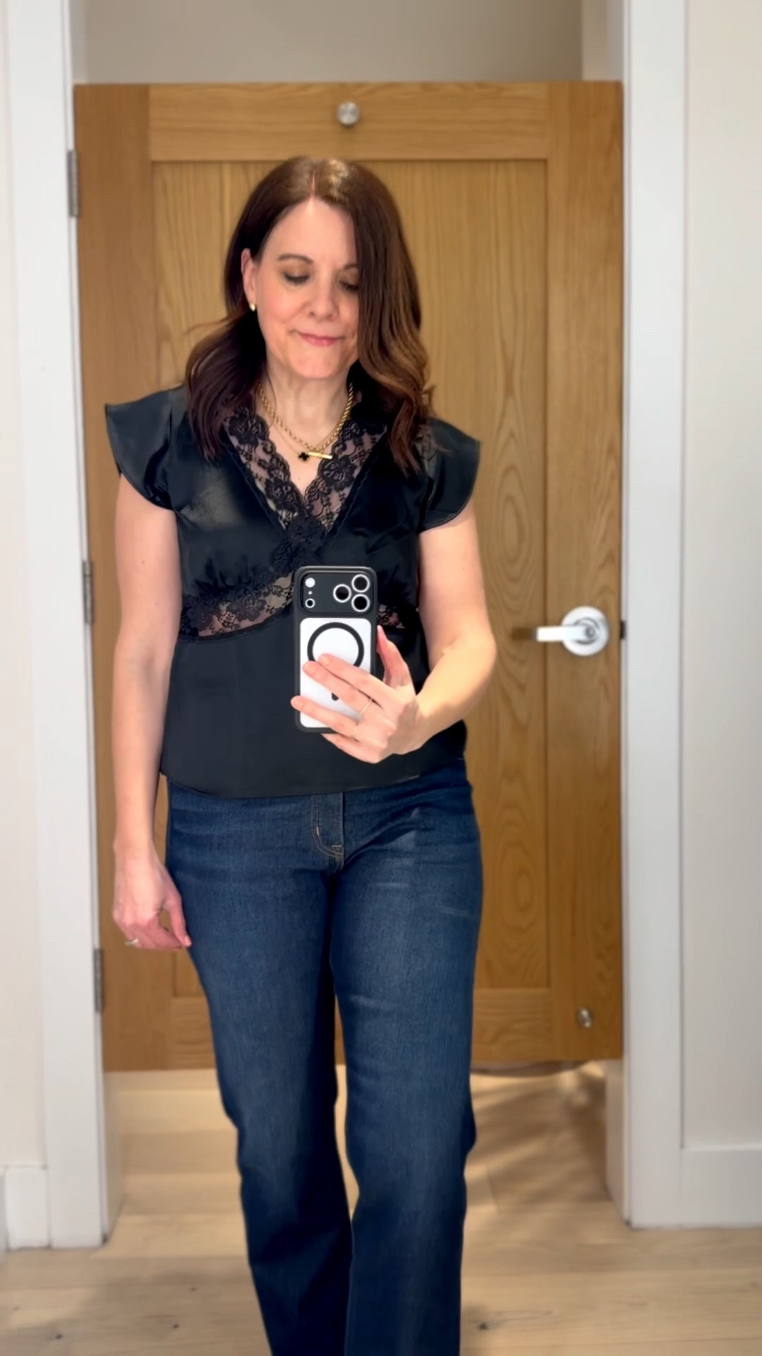 I was surprised by how much I liked this satin lace trim top from LOFT. Wear it for date night or to work with a nude tank top underneath. I’m wearing a size 6 with a 36-B bust (my true size). These J.Crew Factory straight jeans fit true to size. 

#LTKOver40 #LTKMidsize #LTKSaleAlert